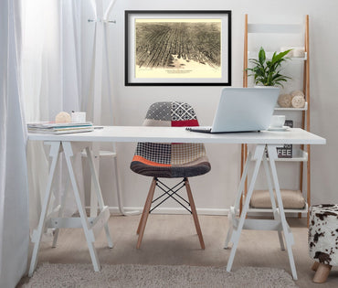 Baltimore 1912 Panoramic Map framed above a white desk in a home office