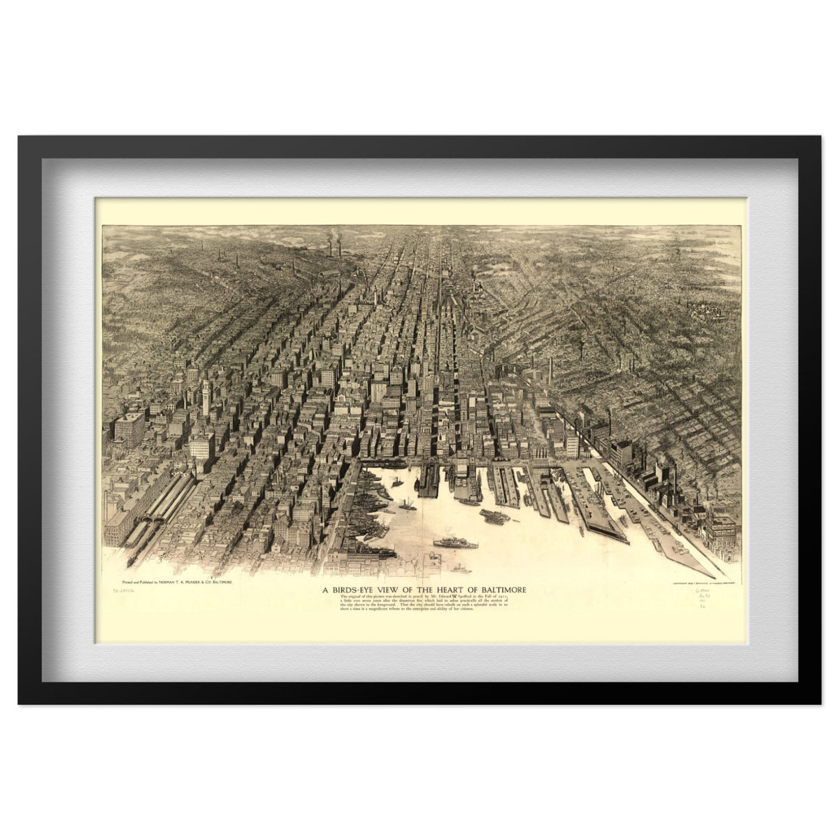Baltimore 1912 Panoramic Map print in a black frame