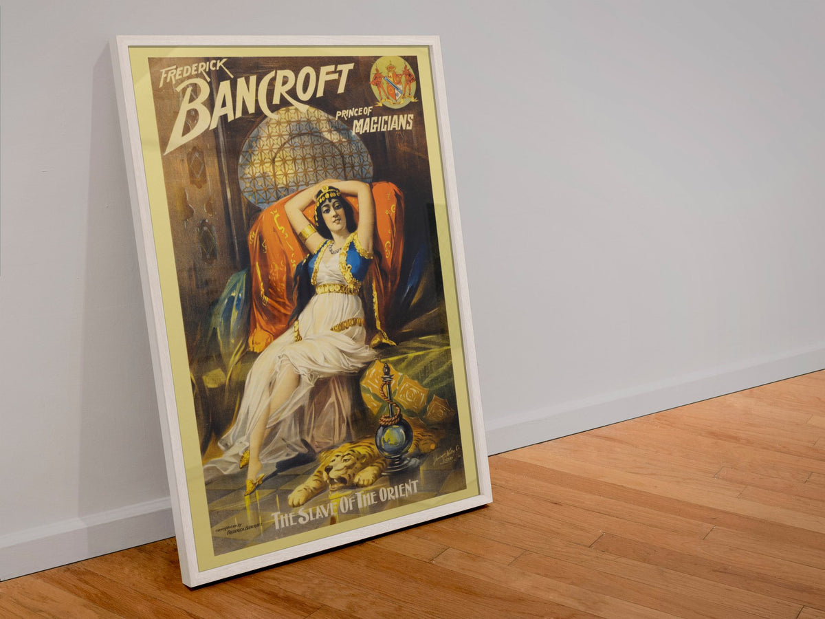 Frederick Bancroft Slave of the Orient poster in a white frame leaning against a wall