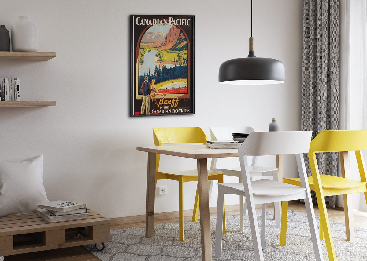 Banff Canadian Rockies poster framed above a dining table