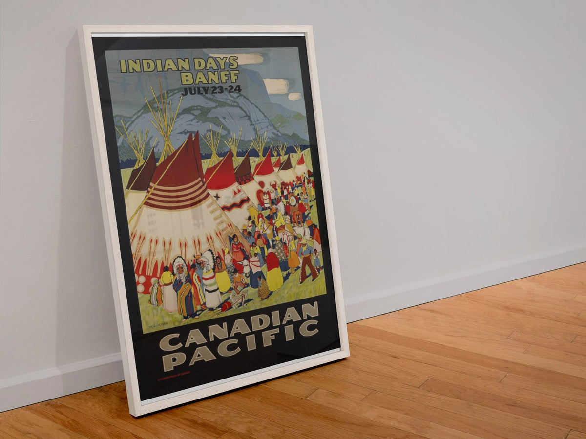 Banff Indian Days — Canadian Pacific poster in a white frame leaning against a wall