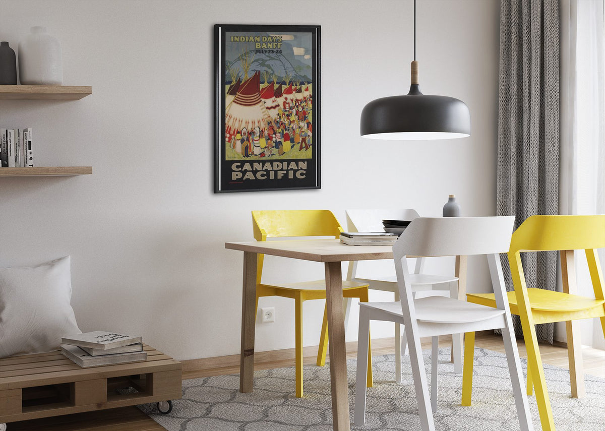 Banff Indian Days — Canadian Pacific poster framed above a dining table