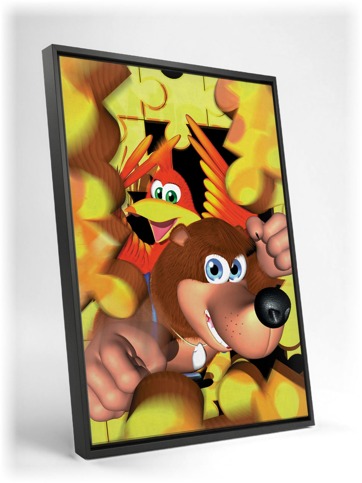 Banjo-Kazooie Magazine Cover Art as a black floater framed canvas leaning against a wall