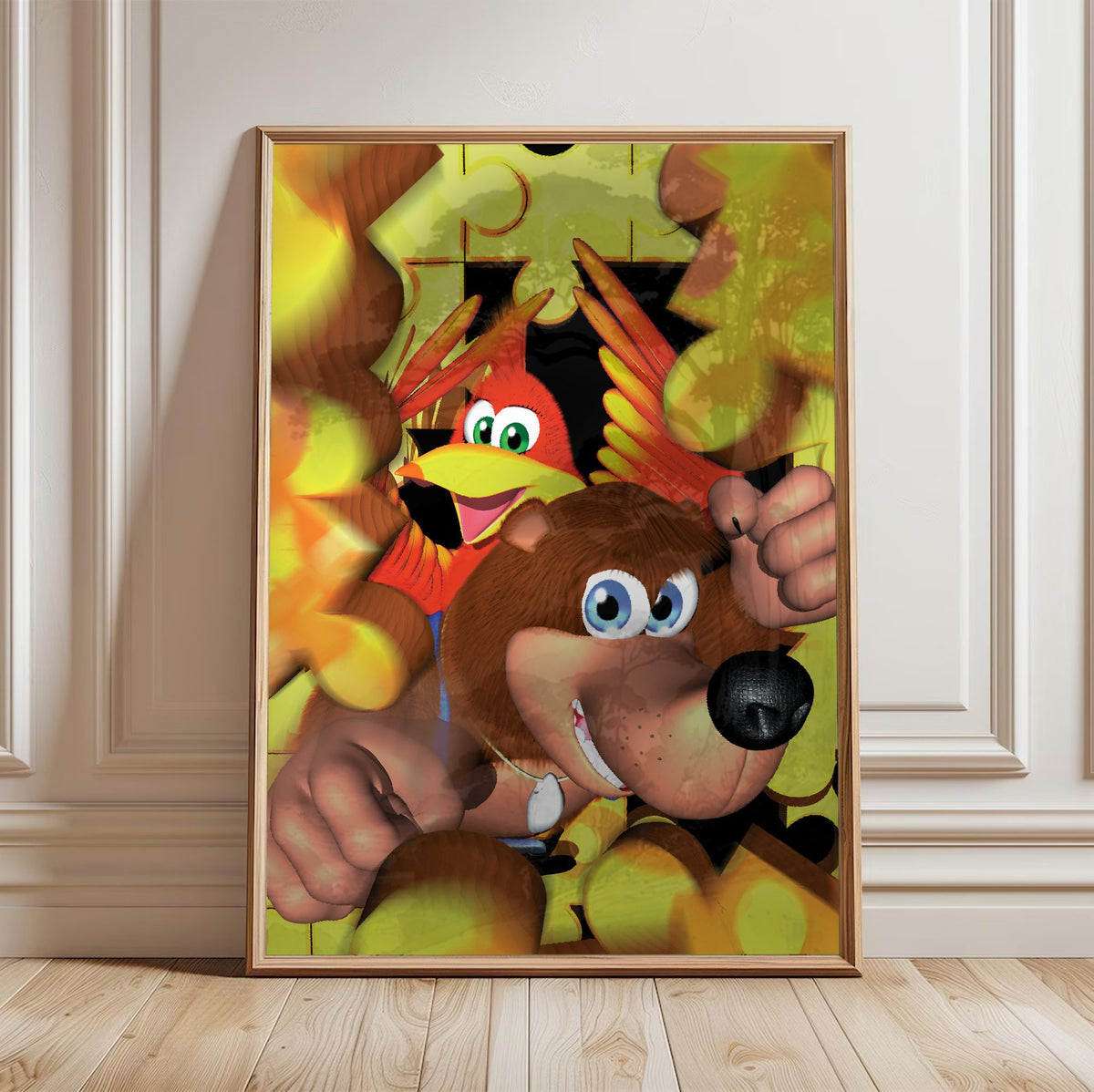 Banjo-Kazooie Magazine Cover Art poster in a light oak frame leaning against a white wall