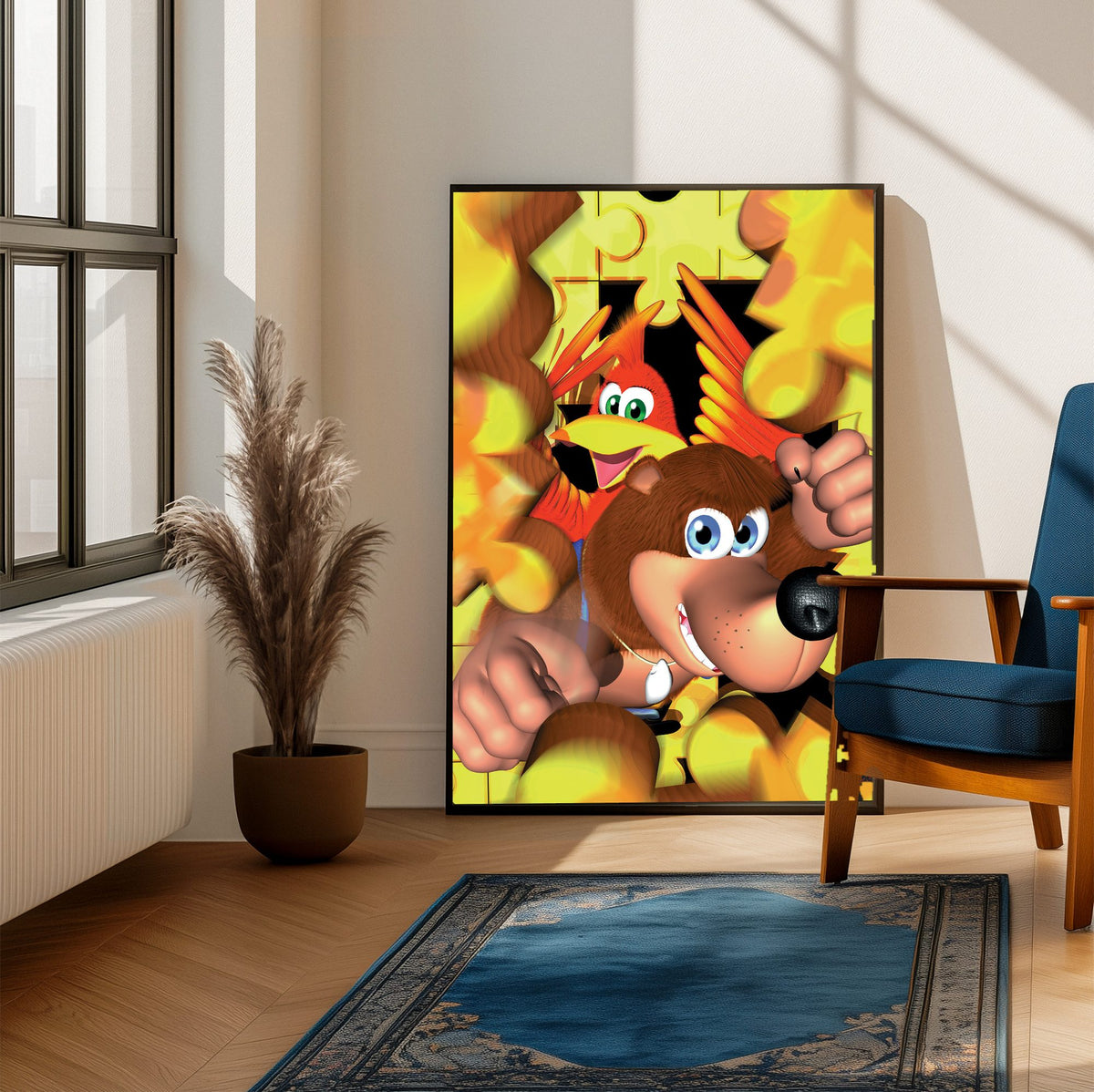 Banjo-Kazooie Magazine Cover Art poster framed beside a blue armchair in a sunlit room