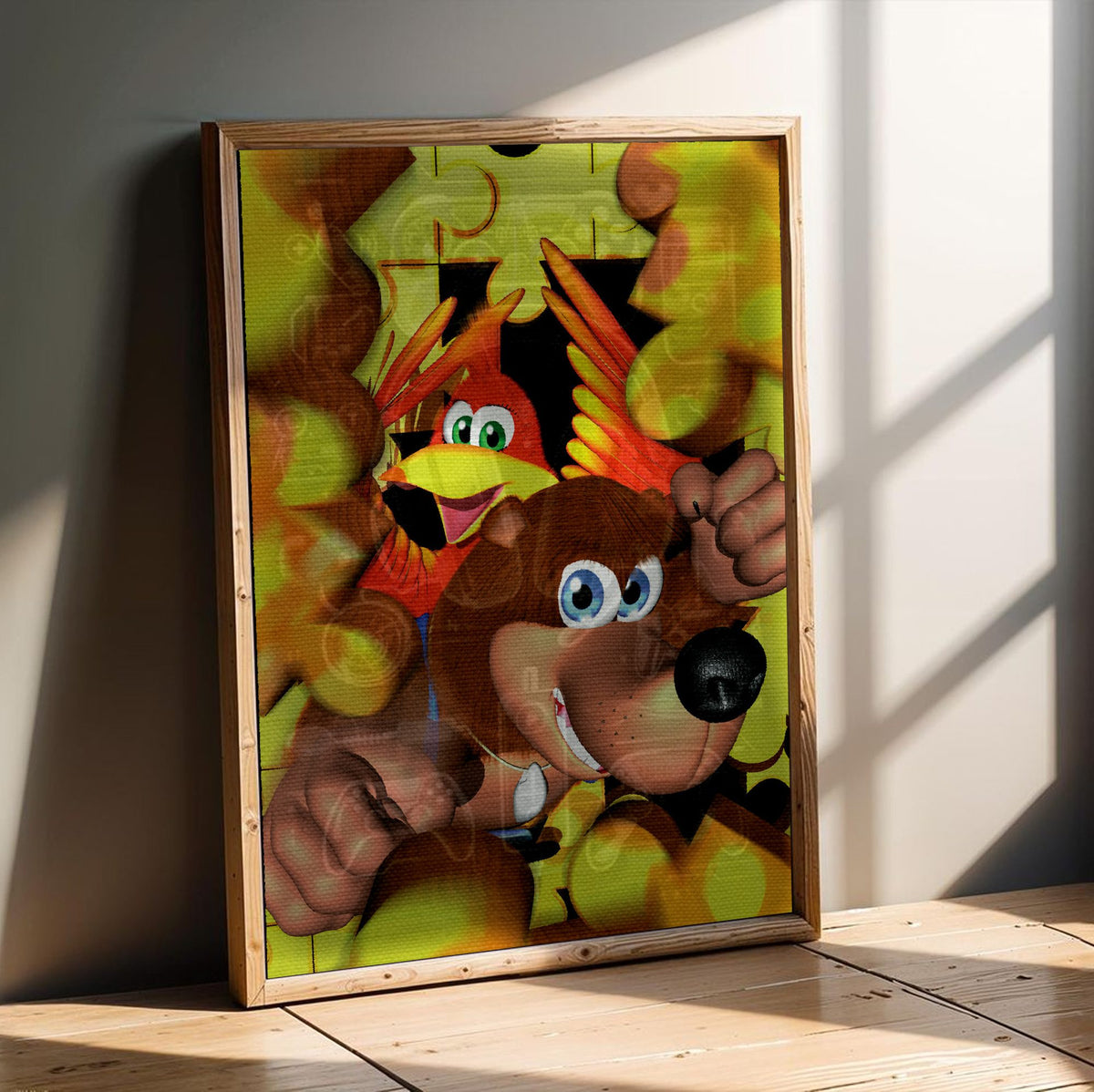 Banjo-Kazooie Magazine Cover Art poster in an oak frame leaning on a wooden floor