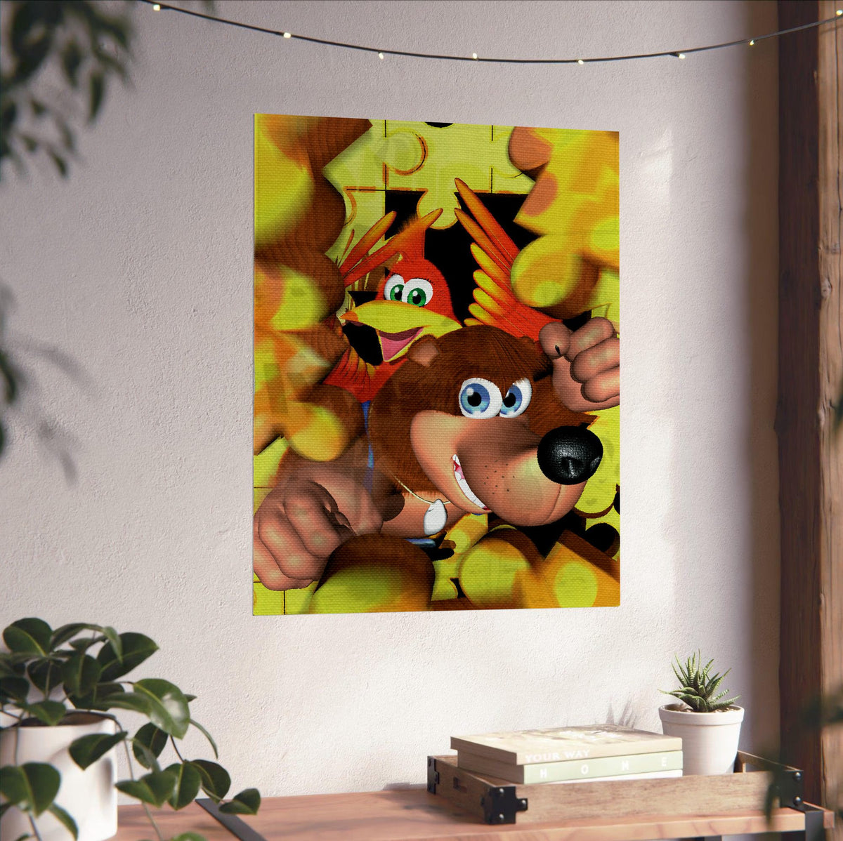 Banjo-Kazooie Magazine Cover Art poster unframed on a white wall above a desk