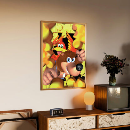 Banjo-Kazooie Magazine Cover Art poster in an oak frame above a sideboard