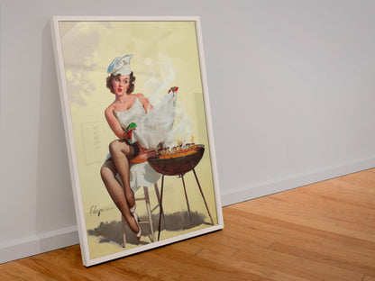 Barbecutie by Gil Elvgren, pin-up poster — leaning frame