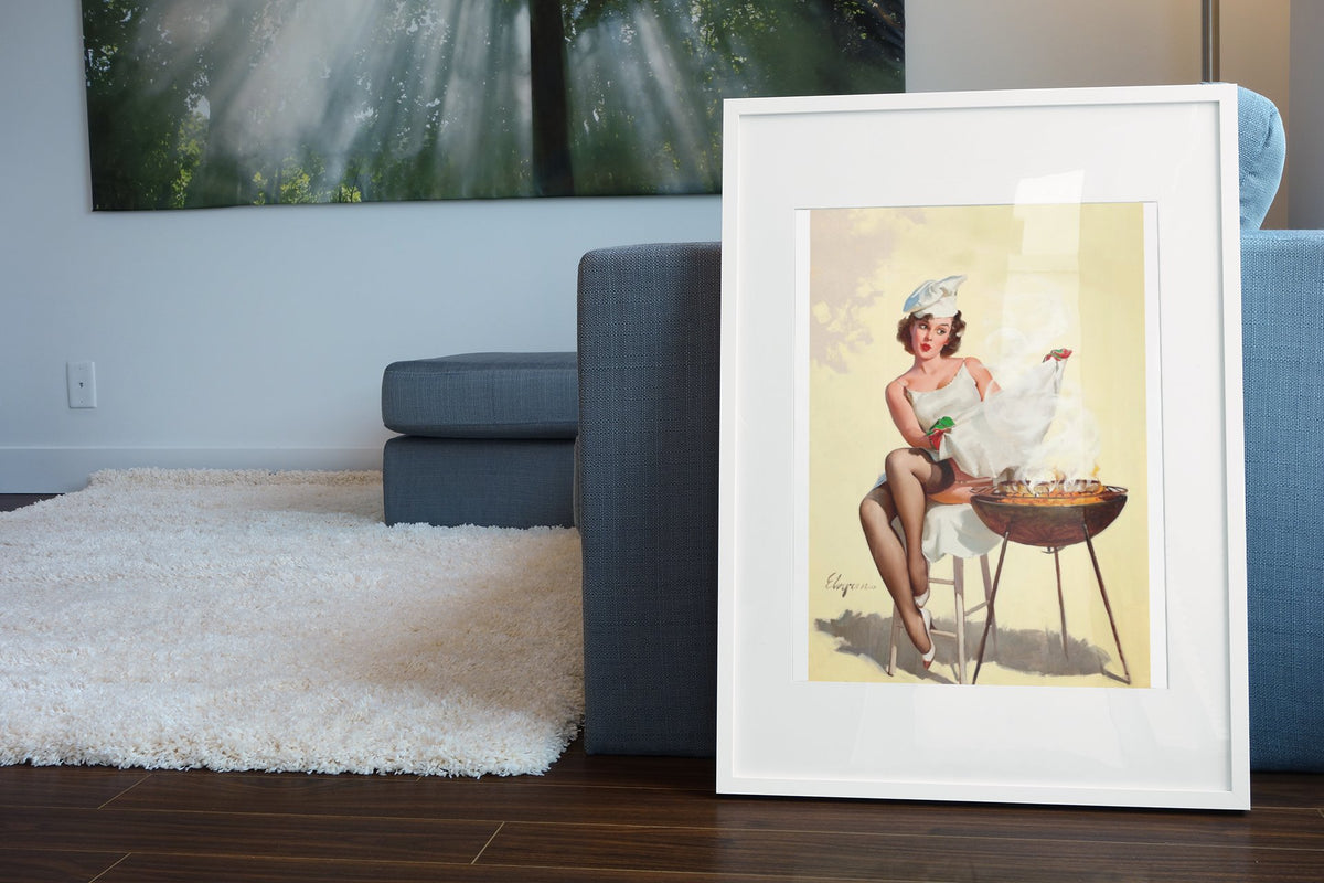 Barbecutie by Gil Elvgren, pin-up poster — living room wall