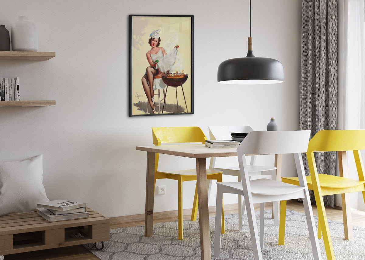 Barbecutie by Gil Elvgren, pin-up poster — dining room