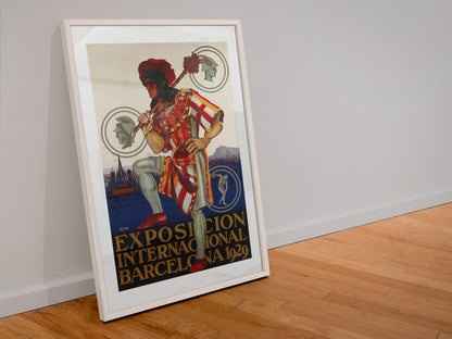 Barcelona Exposition 1929 poster in a white frame leaning against a wall
