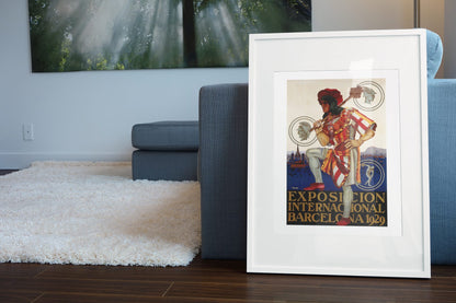 Barcelona Exposition 1929 poster leaning beside a blue sofa