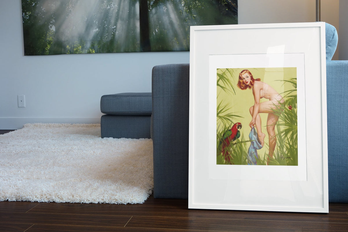 Bare Essentials by Gil Elvgren, pin-up poster — living room wall