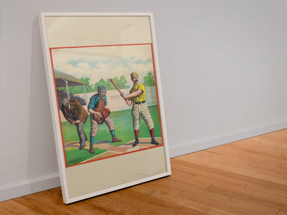 Baseball Batter 1895 poster in a white frame leaning against a wall
