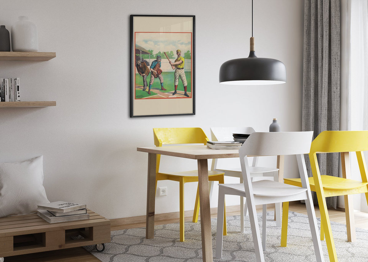 Baseball Batter 1895 poster framed above a dining table