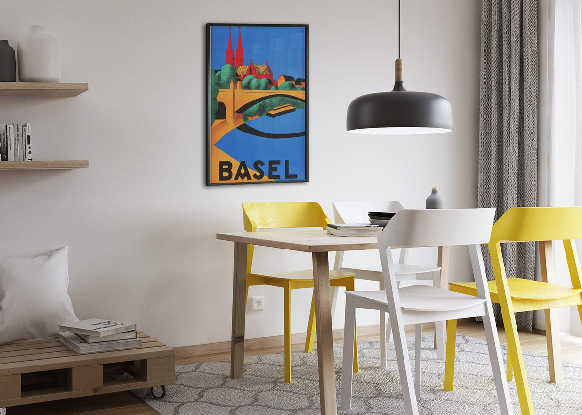 Basel Switzerland poster framed above a dining table