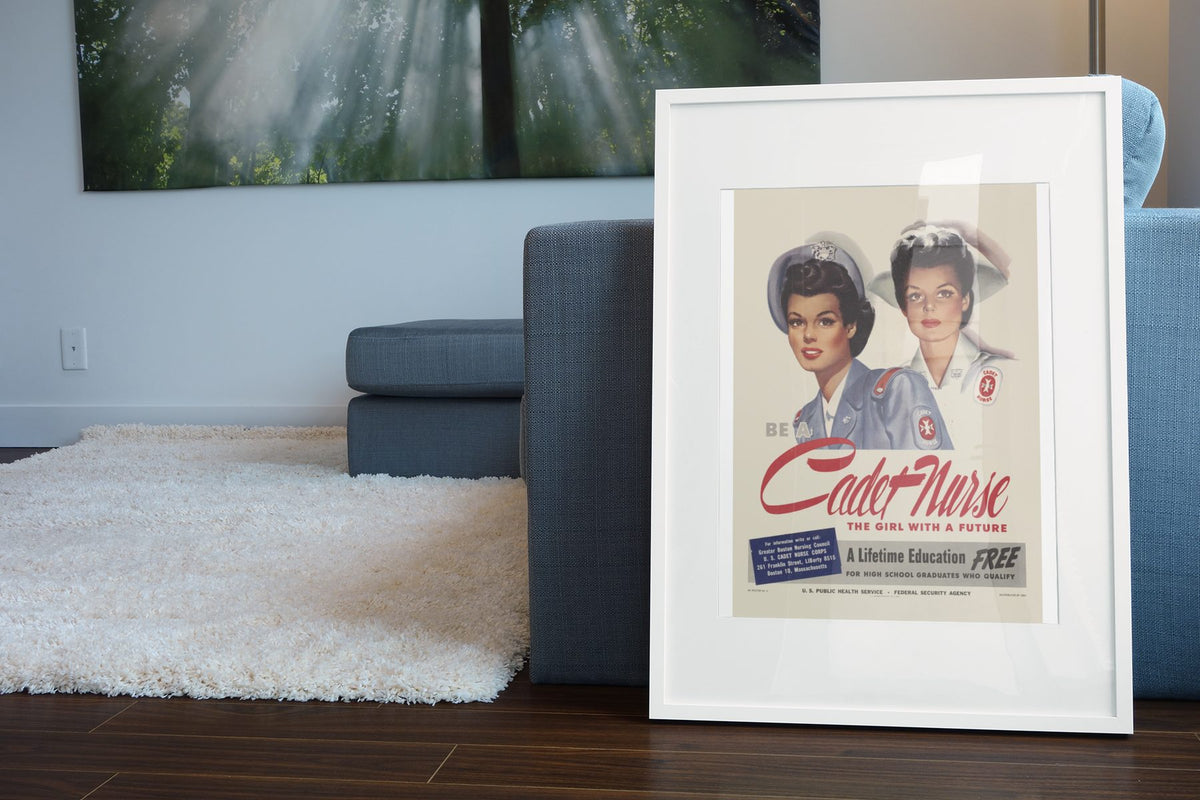 Be a Cadet Nurse — The Girl with a Future poster leaning beside a blue sofa