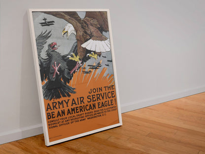 Be an American Eagle Army Air Service poster in a white frame leaning against a wall