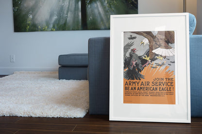 Be an American Eagle Army Air Service poster leaning beside a blue sofa
