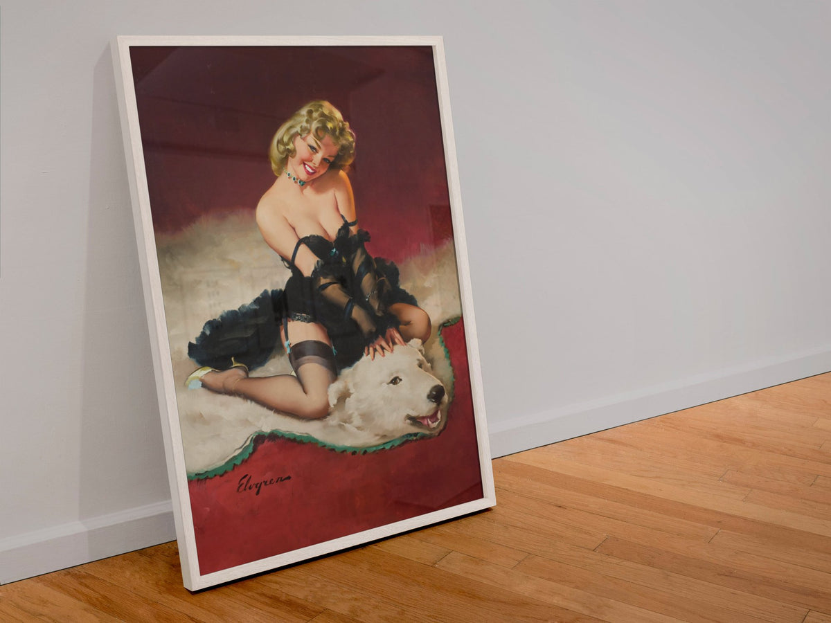 Bear Facts by Gil Elvgren, pin-up poster — leaning frame
