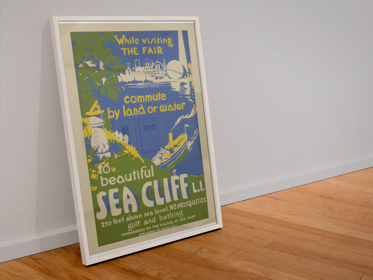Beautiful Sea Cliff Long Island poster in a white frame leaning against a wall