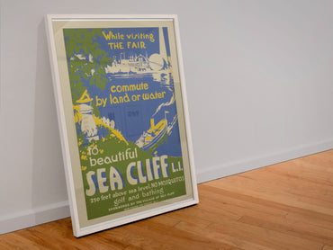 Beautiful Sea Cliff Long Island poster in a white frame leaning against a wall