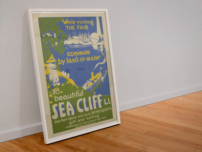 Beautiful Sea Cliff Long Island poster in a white frame leaning against a wall