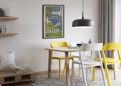 Beautiful Sea Cliff Long Island poster framed above a dining table