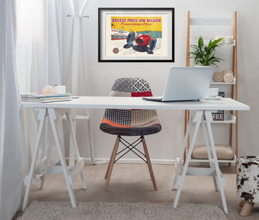 Belgian Grand Prix Francorchamps poster framed above a white desk