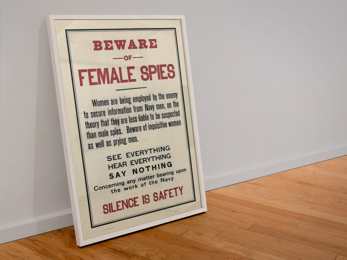Beware of Female Spies poster in a white frame leaning against a wall