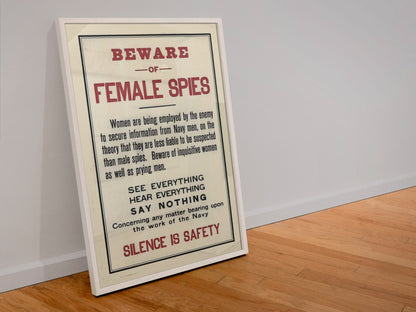 Beware of Female Spies poster in a white frame leaning against a wall