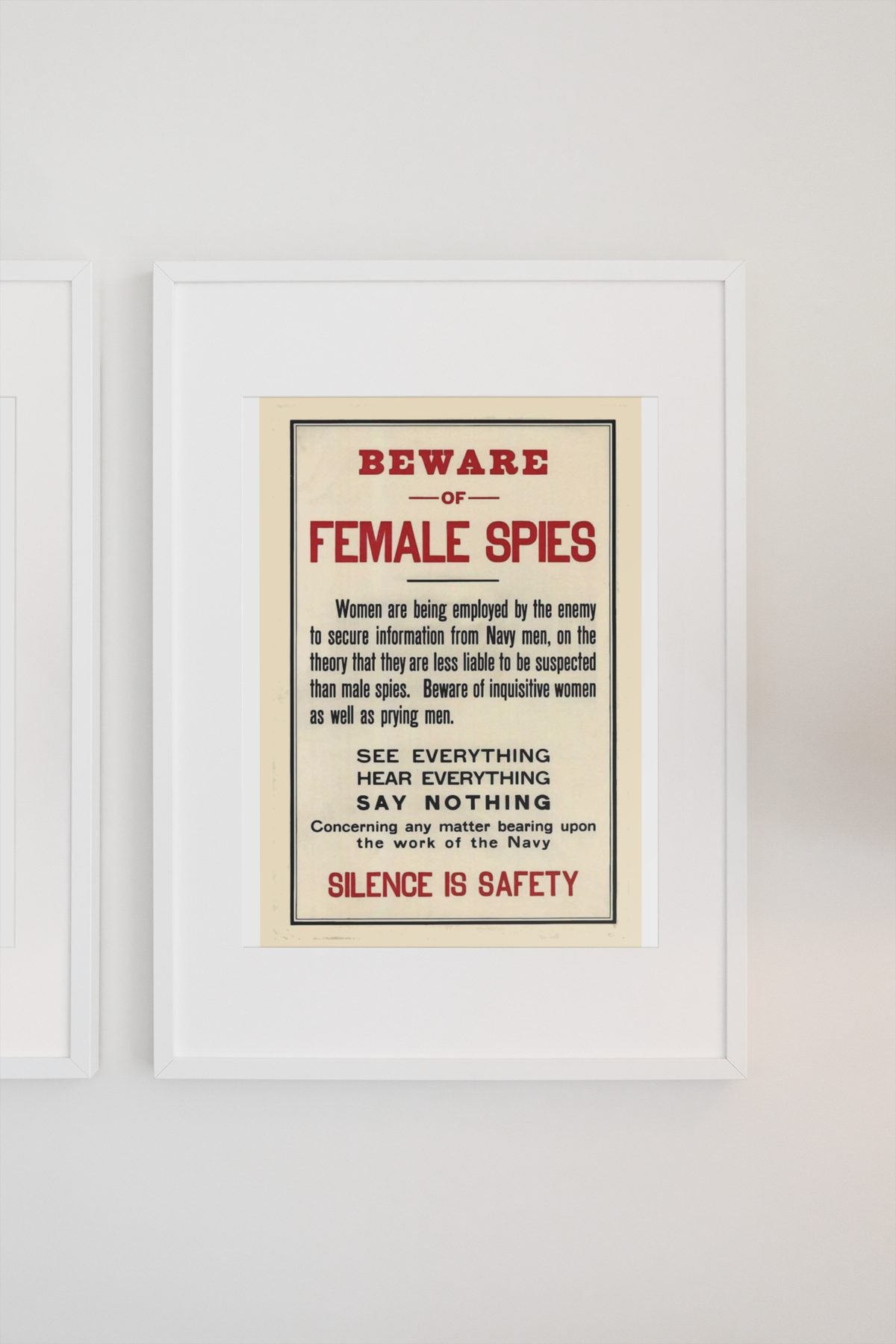 Beware of Female Spies poster on a light wall