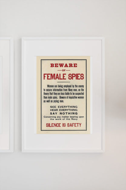 Beware of Female Spies poster on a light wall