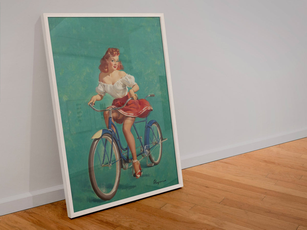 Bicycle Built for Woo by Gil Elvgren, pin-up poster — leaning frame