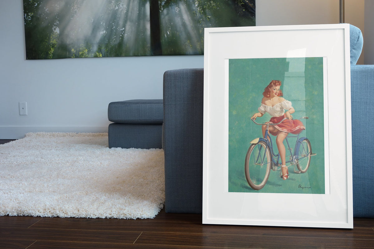 Bicycle Built for Woo by Gil Elvgren, pin-up poster — living room wall
