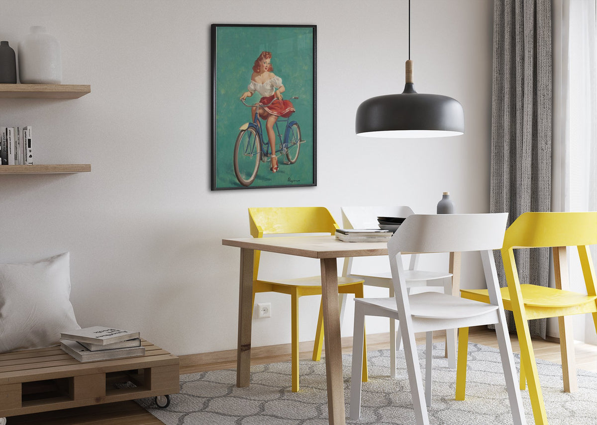 Bicycle Built for Woo by Gil Elvgren, pin-up poster — dining room