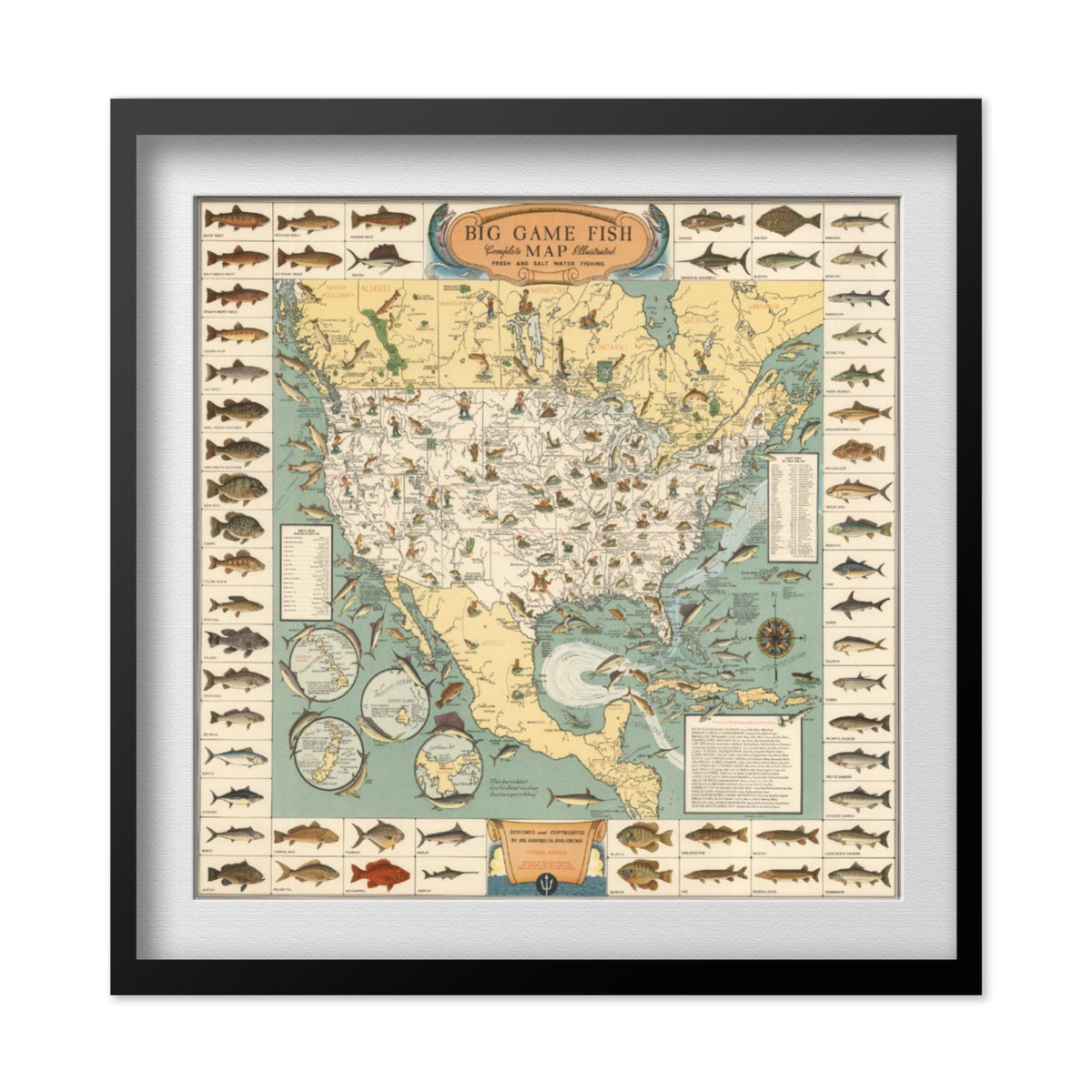 Big Game Fish 1936 Map print in a black frame with a white mat