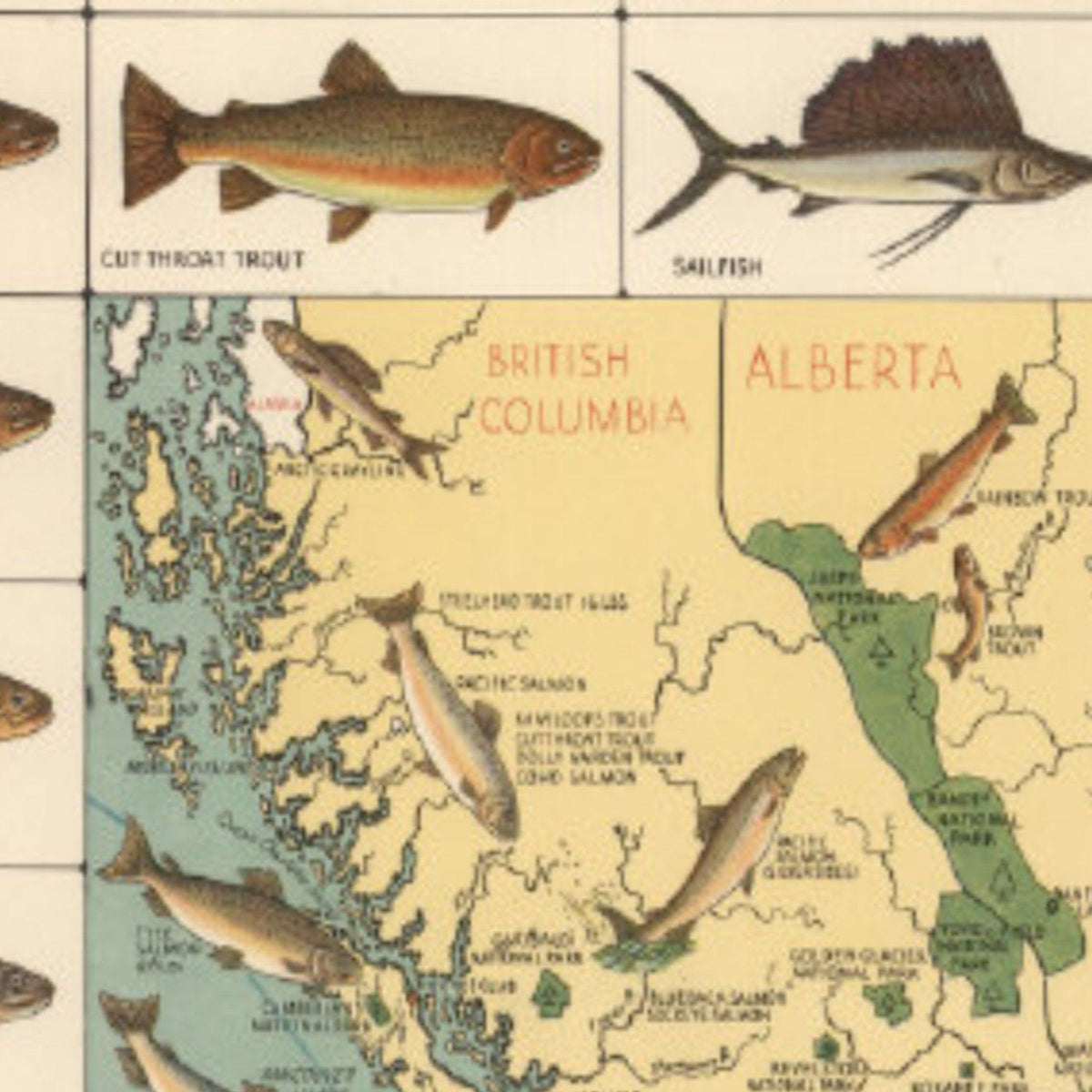 Close-up detail of the Big Game Fish 1936 Map