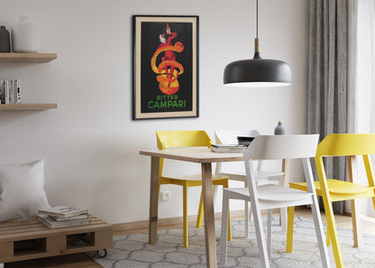 Bitter Campari by Cappiello poster framed above a dining table