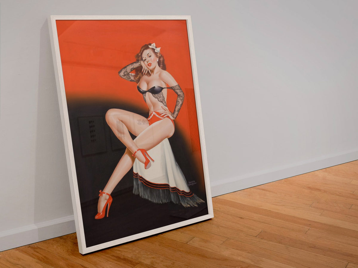Black Lace Beauty poster in a white frame leaning against a wall