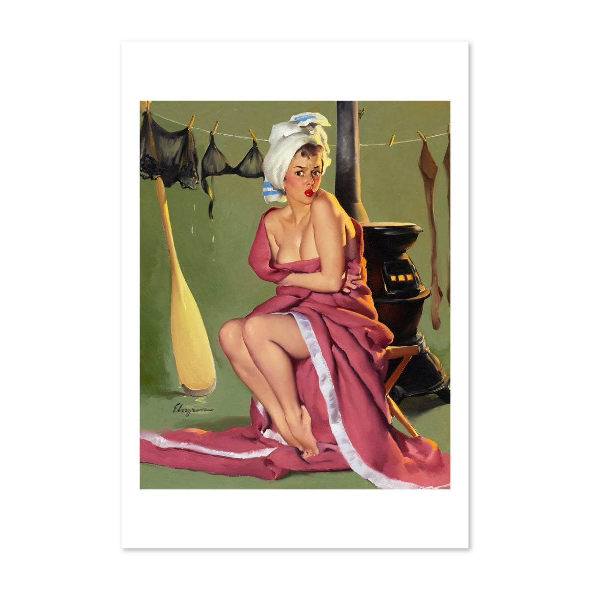 Blanket Coverage by Gil Elvgren, pin-up poster — framed print