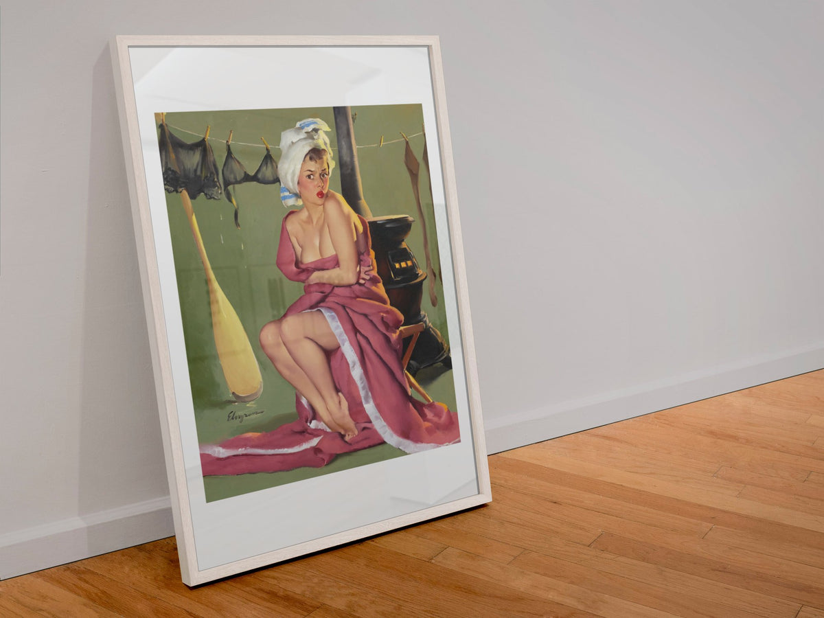 Blanket Coverage by Gil Elvgren, pin-up poster — leaning frame