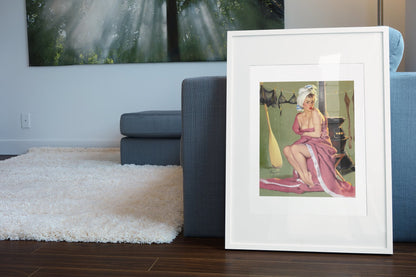 Blanket Coverage by Gil Elvgren, pin-up poster — living room wall