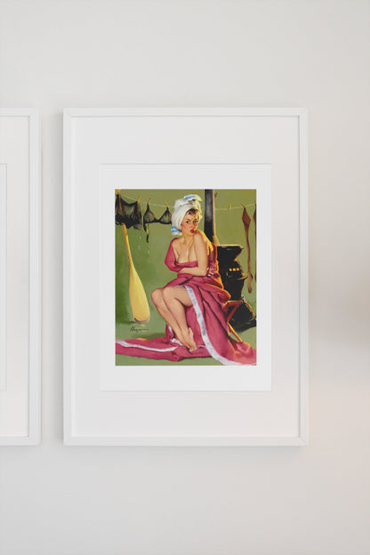 Blanket Coverage by Gil Elvgren, pin-up poster — gallery wall