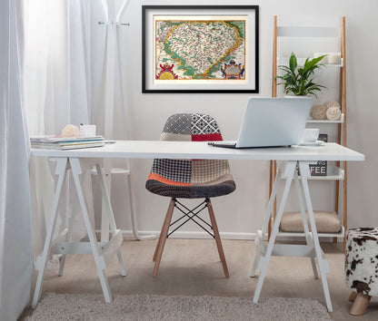 Bohemia 1570 Ortelius Map framed above a white desk in a home office