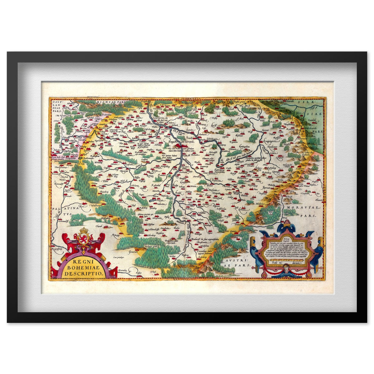 Bohemia 1570 Ortelius Map print in a black frame