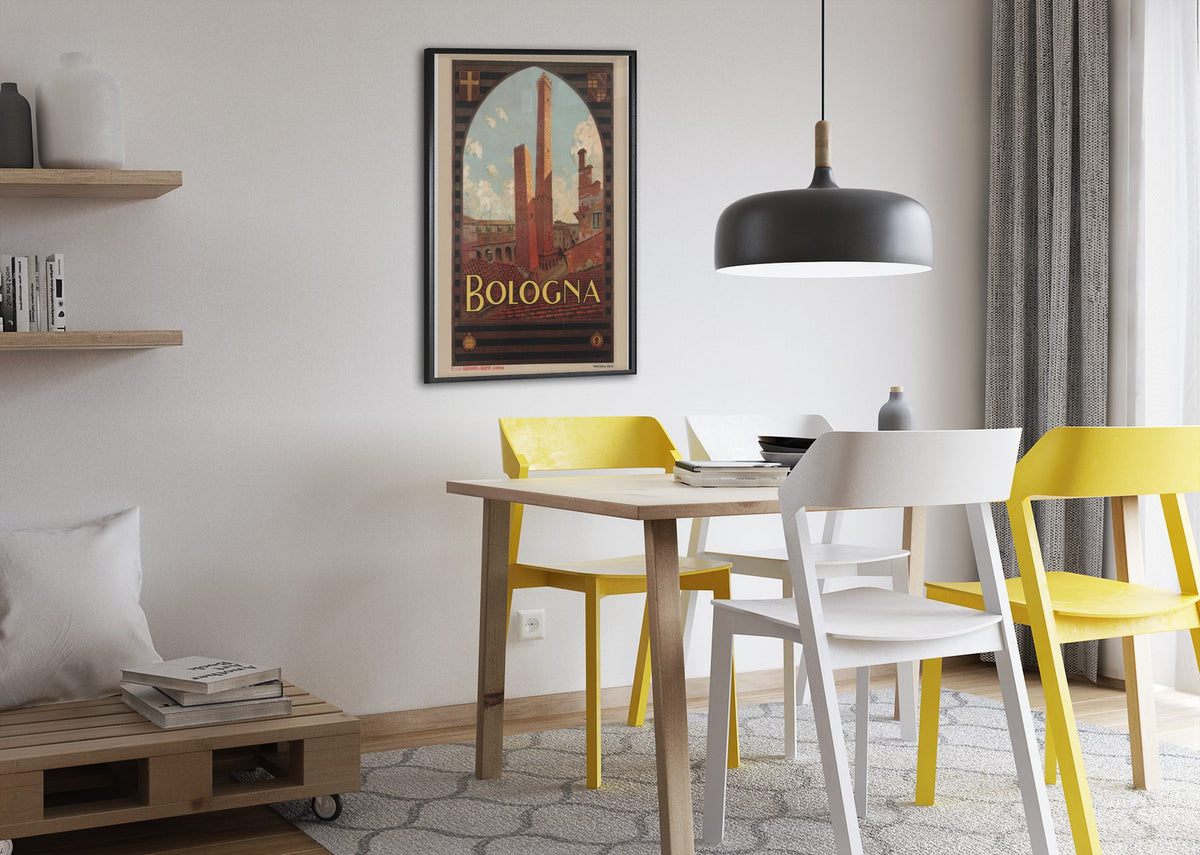 Bologna poster framed above a dining table