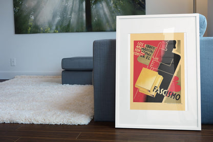 Books Are Weapons Against Fascism poster leaning beside a blue sofa