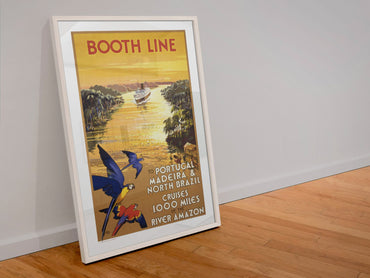 Booth Line Amazon River Cruises poster in a white frame leaning against a wall